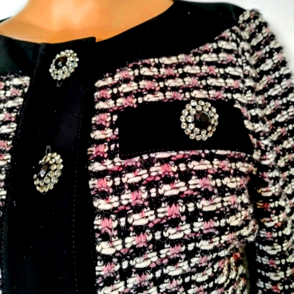 ST JOHN 2-6 BLACK PURPLE TWEED BOUCLE BLACK EYELASH METALLIC KNIT CRYSTAL JACKET - Picture 6 of 16